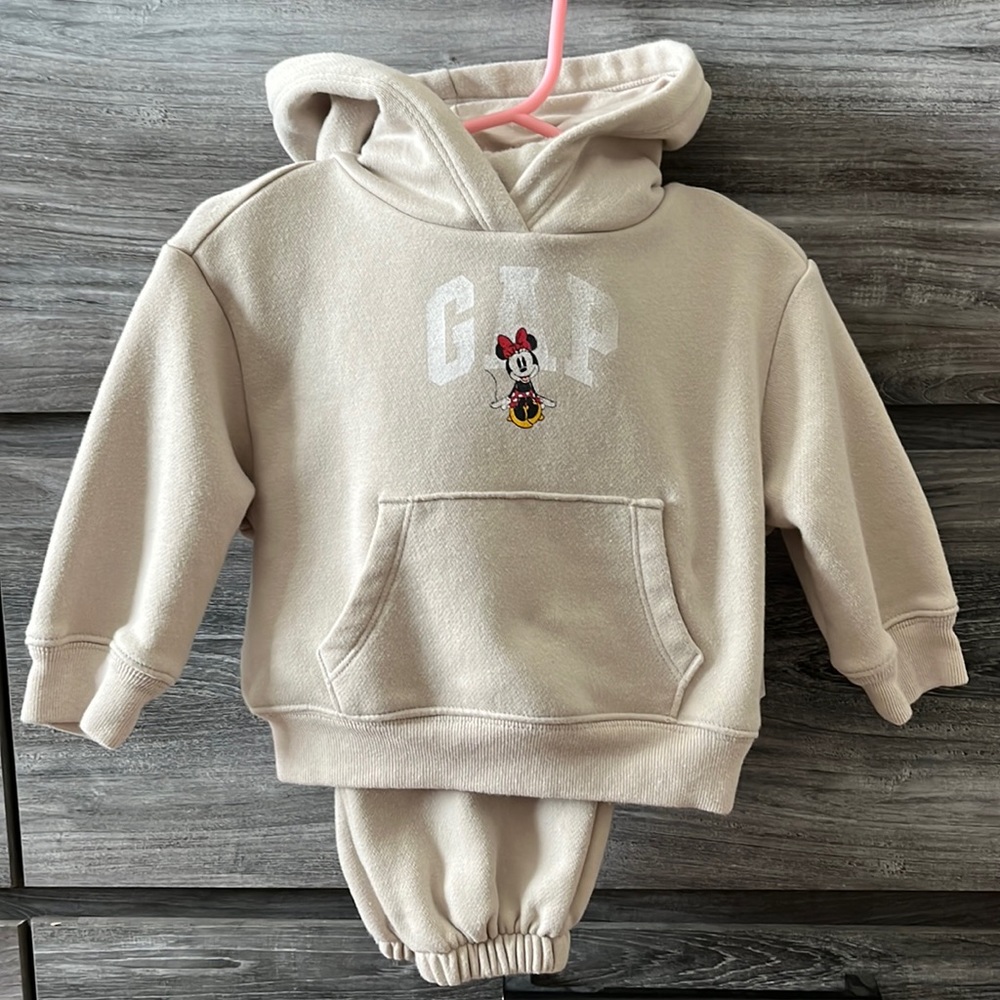 Light tan Minnie Mouse sweat suit set from gap
